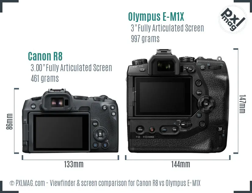 Canon R8 vs Olympus E-M1X Screen and Viewfinder comparison