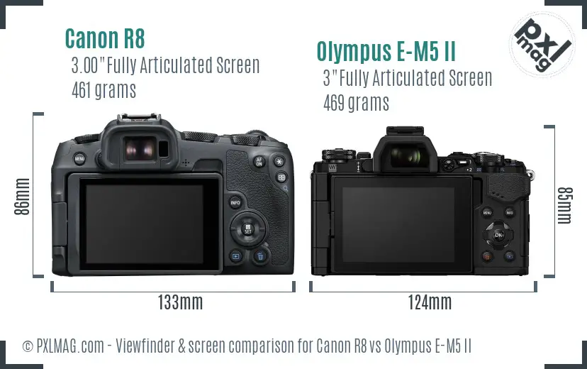 Canon R8 vs Olympus E-M5 II Screen and Viewfinder comparison