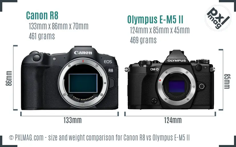 Canon R8 vs Olympus E-M5 II size comparison