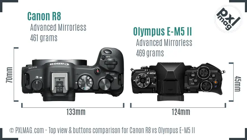 Canon R8 vs Olympus E-M5 II top view buttons comparison