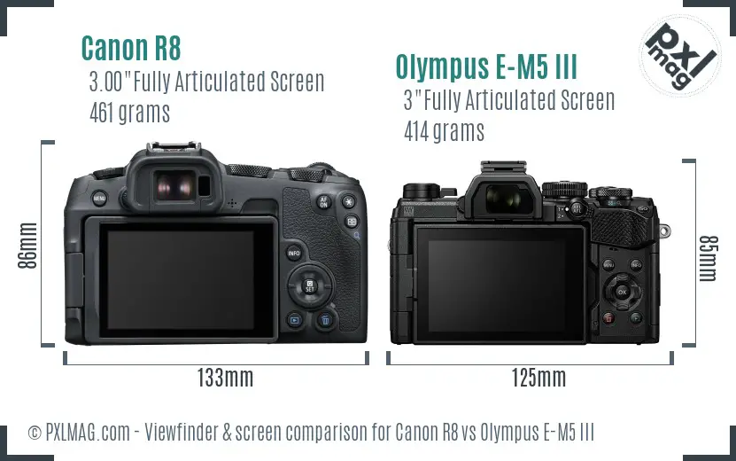 Canon R8 vs Olympus E-M5 III Screen and Viewfinder comparison