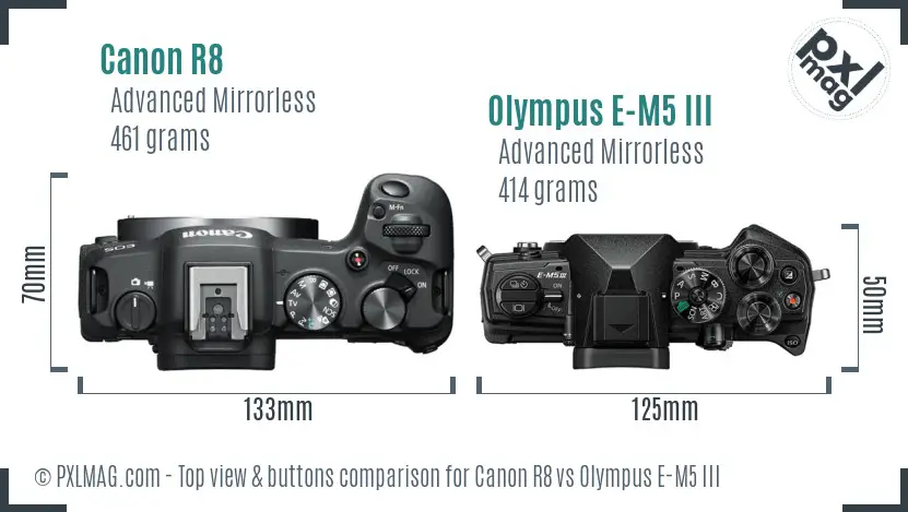 Canon R8 vs Olympus E-M5 III top view buttons comparison