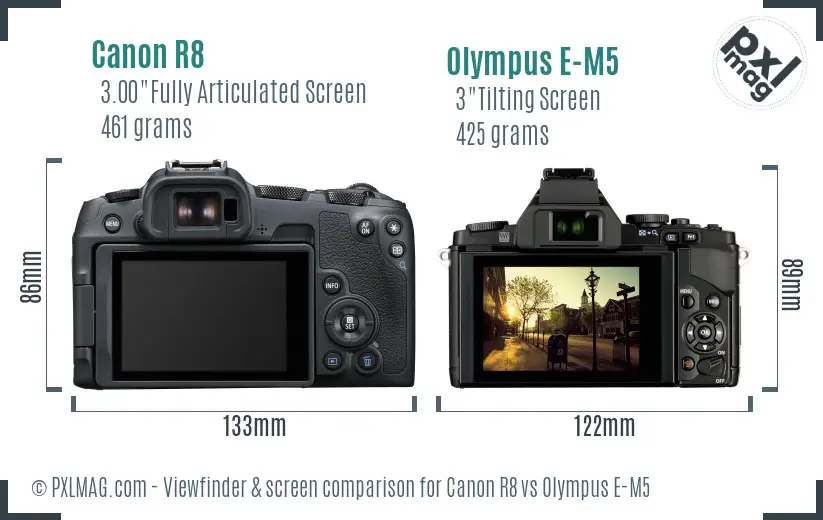 Canon R8 vs Olympus E-M5 Screen and Viewfinder comparison
