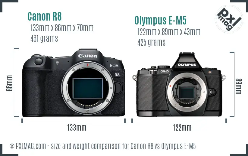 Canon R8 vs Olympus E-M5 size comparison