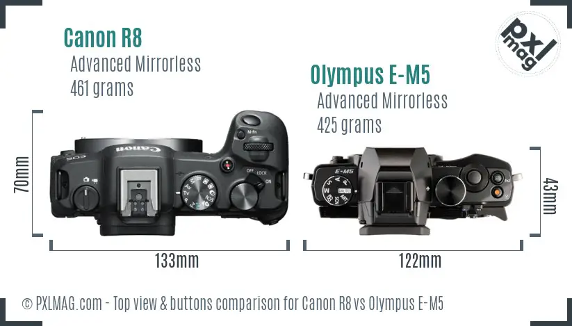 Canon R8 vs Olympus E-M5 top view buttons comparison