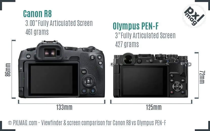 Canon R8 vs Olympus PEN-F Screen and Viewfinder comparison