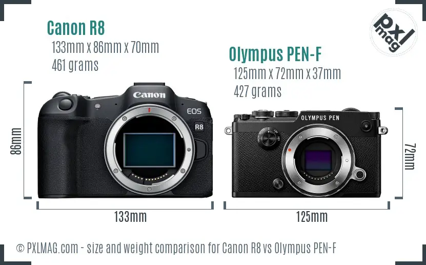 Canon R8 vs Olympus PEN-F size comparison