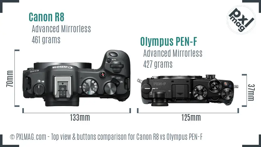 Canon R8 vs Olympus PEN-F top view buttons comparison