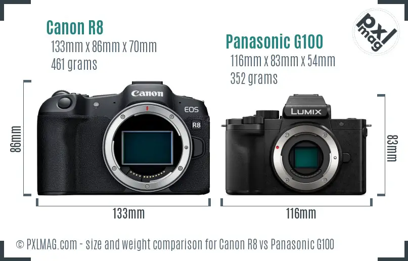 Canon R8 vs Panasonic G100 size comparison Canon R8 vs Panasonic G100 size comparison