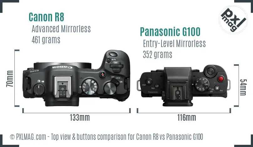 Canon R8 vs Panasonic G100 top view buttons comparison Canon R8 vs Panasonic G100 top view buttons comparison