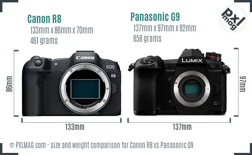 Canon R8 vs Panasonic G9 size comparison