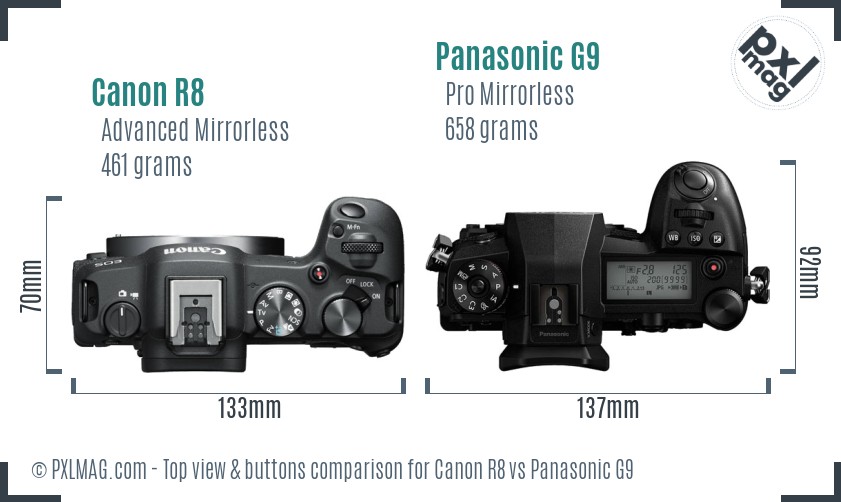 Canon R8 vs Panasonic G9 top view buttons comparison