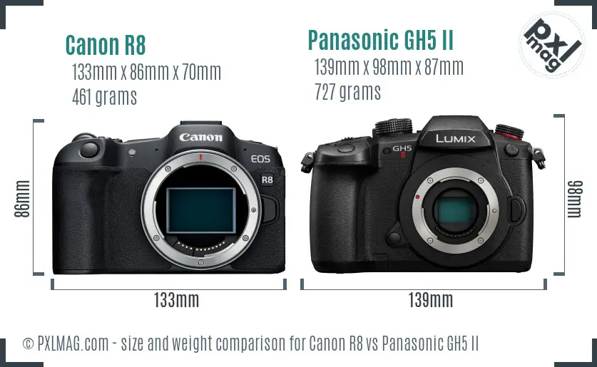 Canon R8 vs Panasonic GH5 II size comparison