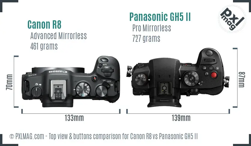 Canon R8 vs Panasonic GH5 II top view buttons comparison