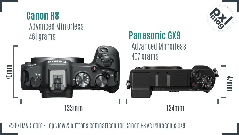 Canon R8 vs Panasonic GX9 top view buttons comparison