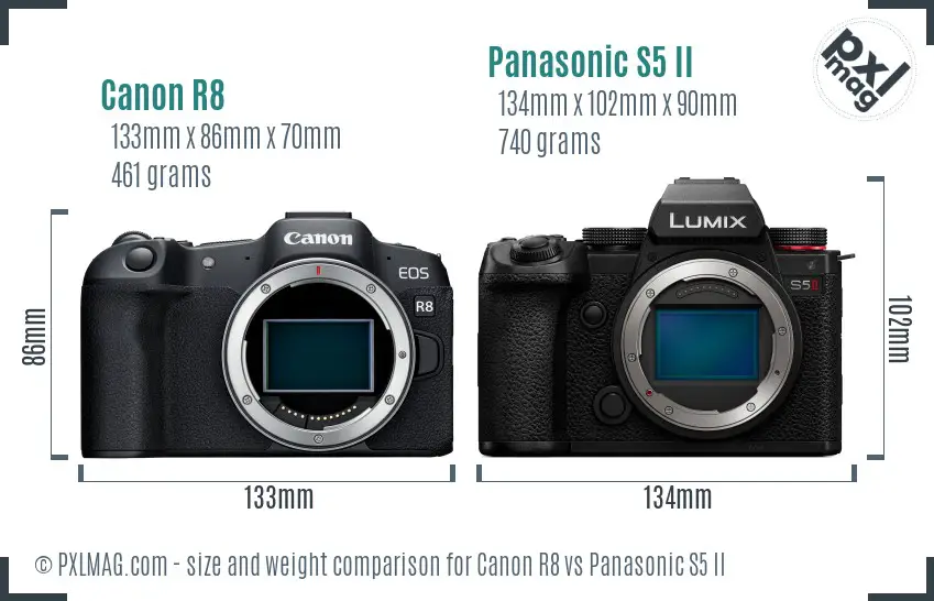 Canon R8 vs Panasonic S5 II size comparison