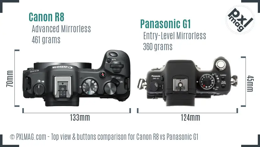 Canon R8 vs Panasonic G1 top view buttons comparison