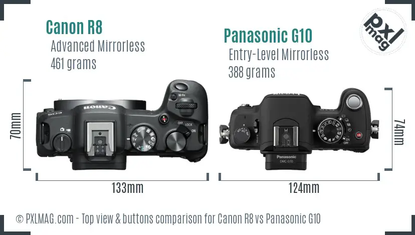 Canon R8 vs Panasonic G10 top view buttons comparison