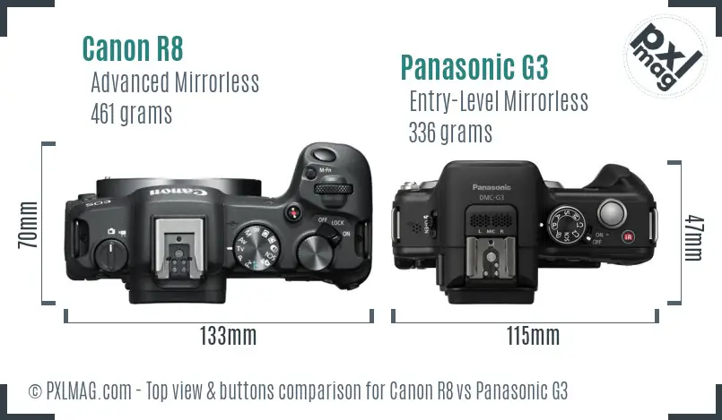 Canon R8 vs Panasonic G3 top view buttons comparison