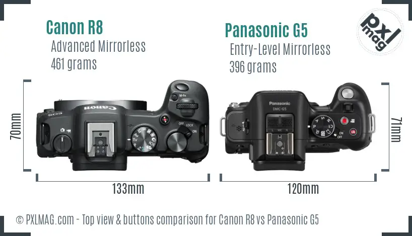 Canon R8 vs Panasonic G5 top view buttons comparison