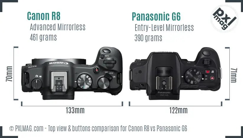 Canon R8 vs Panasonic G6 top view buttons comparison