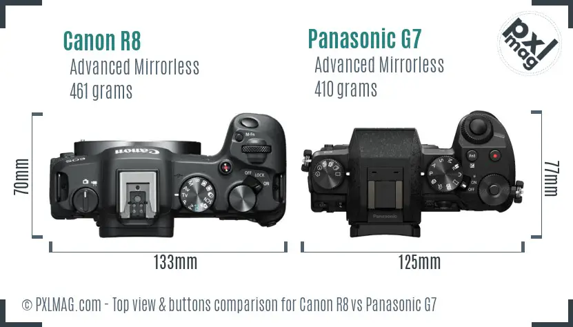 Canon R8 vs Panasonic G7 top view buttons comparison