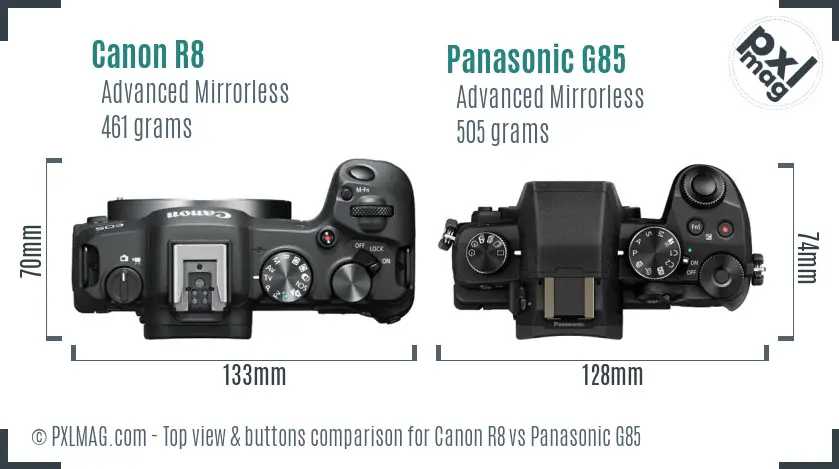 Canon R8 vs Panasonic G85 top view buttons comparison