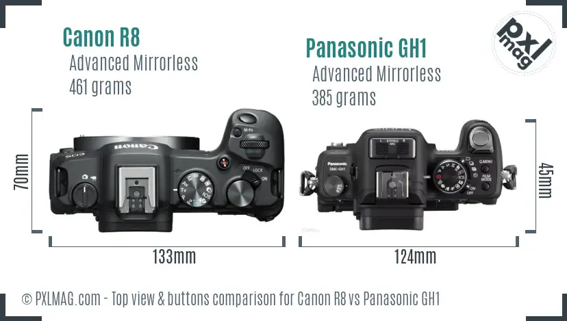 Canon R8 vs Panasonic GH1 top view buttons comparison
