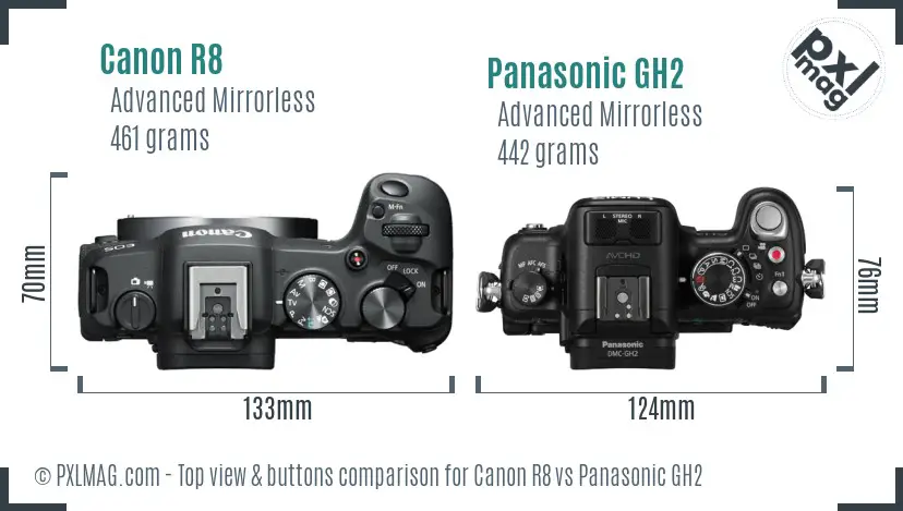 Canon R8 vs Panasonic GH2 top view buttons comparison