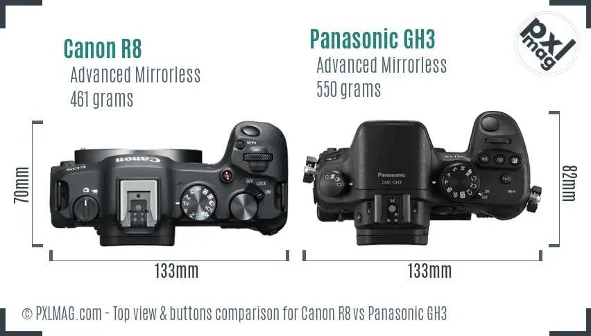 Canon R8 vs Panasonic GH3 top view buttons comparison