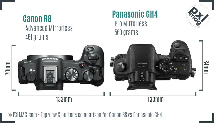 Canon R8 vs Panasonic GH4 top view buttons comparison