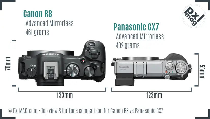 Canon R8 vs Panasonic GX7 top view buttons comparison