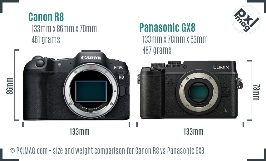 Canon R8 vs Panasonic GX8 size comparison