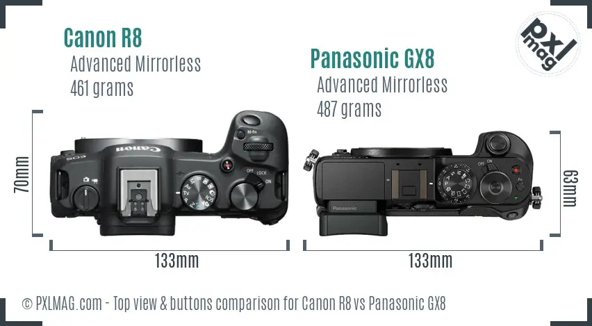 Canon R8 vs Panasonic GX8 top view buttons comparison