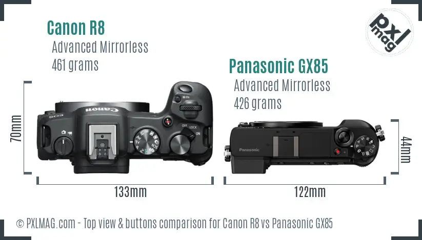 Canon R8 vs Panasonic GX85 top view buttons comparison