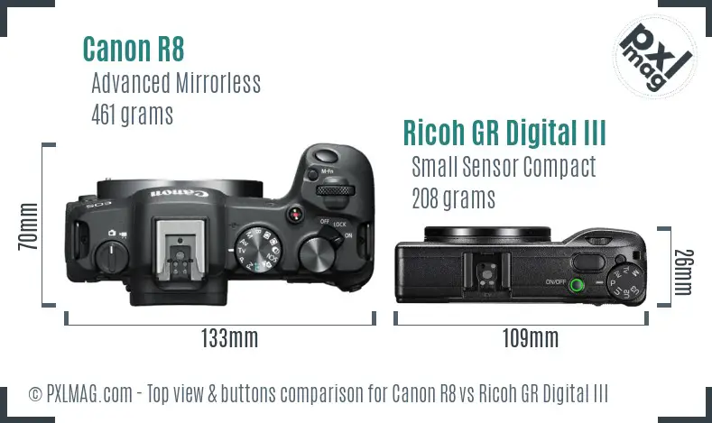 Canon R8 vs Ricoh GR Digital III top view buttons comparison Canon R8 vs Ricoh GR Digital III top view buttons comparison