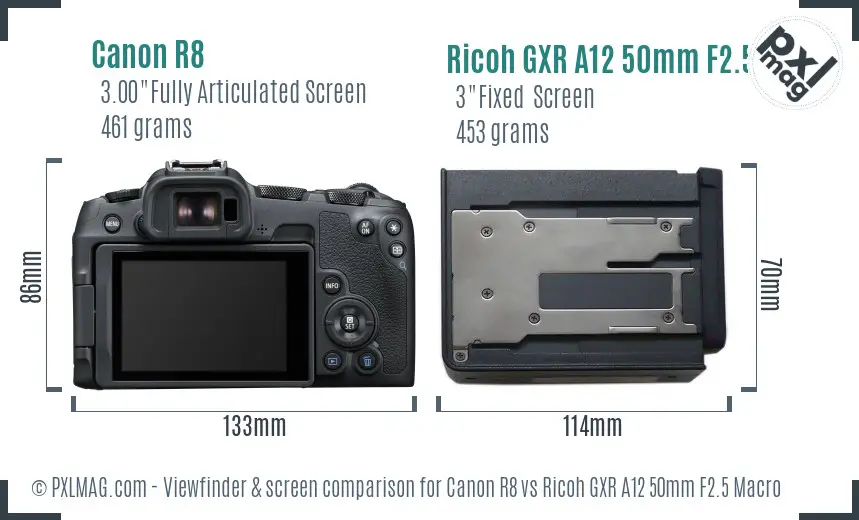 Canon R8 vs Ricoh GXR A12 50mm F2.5 Macro Screen and Viewfinder comparison