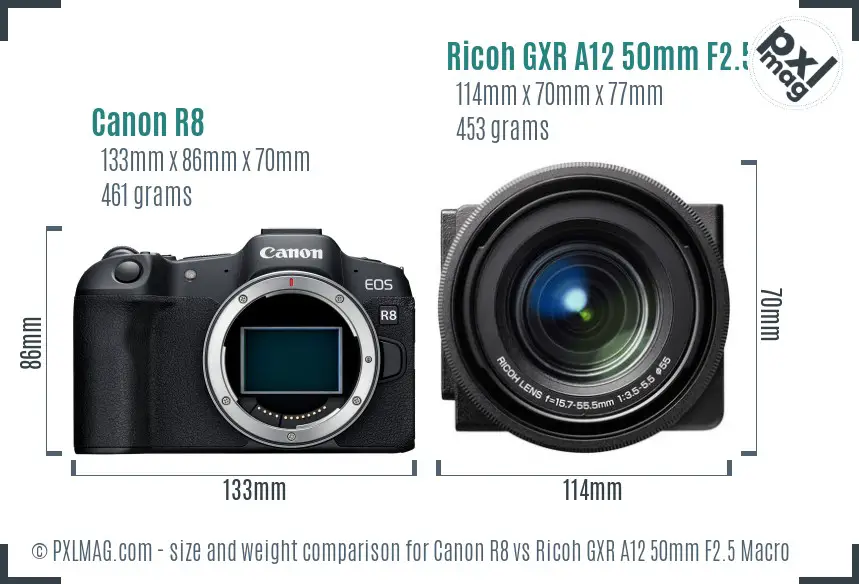 Canon R8 vs Ricoh GXR A12 50mm F2.5 Macro size comparison