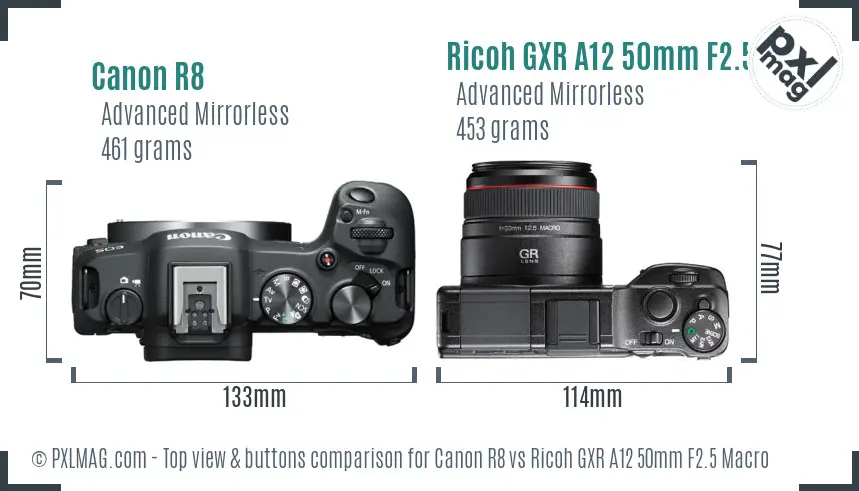 Canon R8 vs Ricoh GXR A12 50mm F2.5 Macro top view buttons comparison