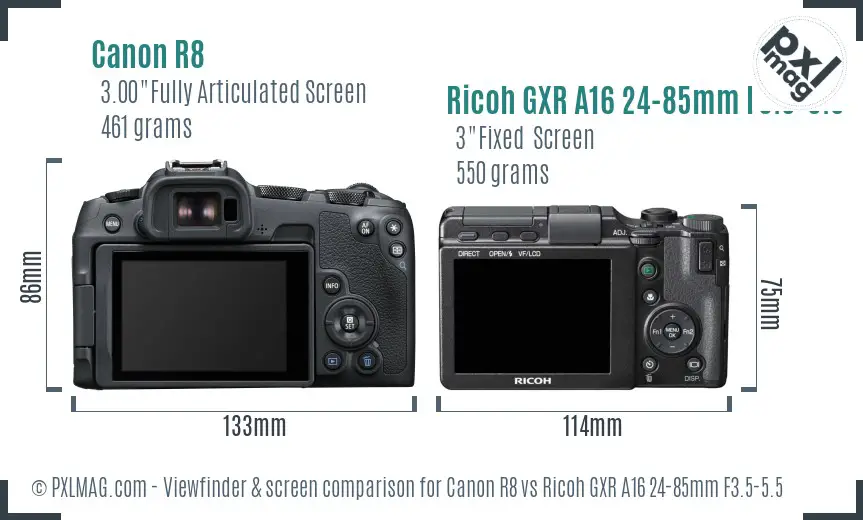 Canon R8 vs Ricoh GXR A16 24-85mm F3.5-5.5 Screen and Viewfinder comparison
