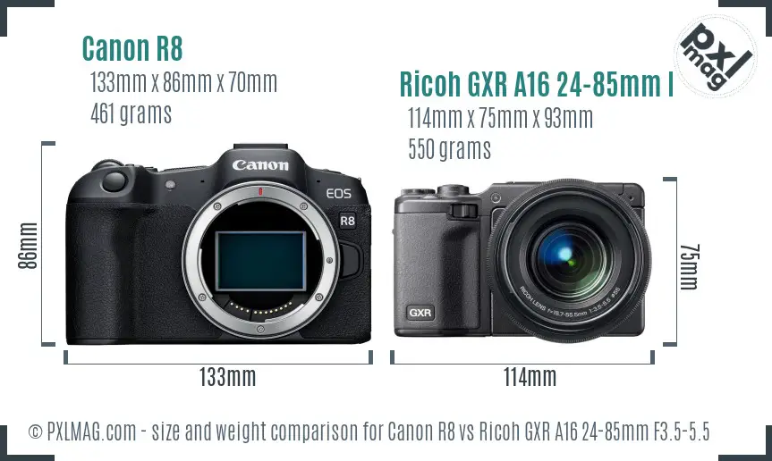 Canon R8 vs Ricoh GXR A16 24-85mm F3.5-5.5 size comparison