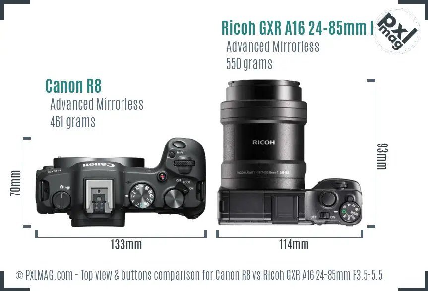 Canon R8 vs Ricoh GXR A16 24-85mm F3.5-5.5 top view buttons comparison
