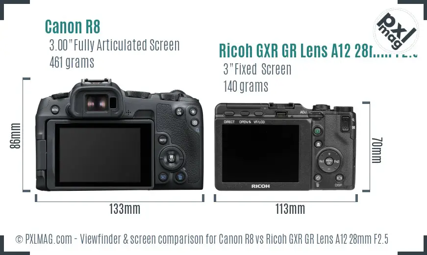 Canon R8 vs Ricoh GXR GR Lens A12 28mm F2.5 Screen and Viewfinder comparison
