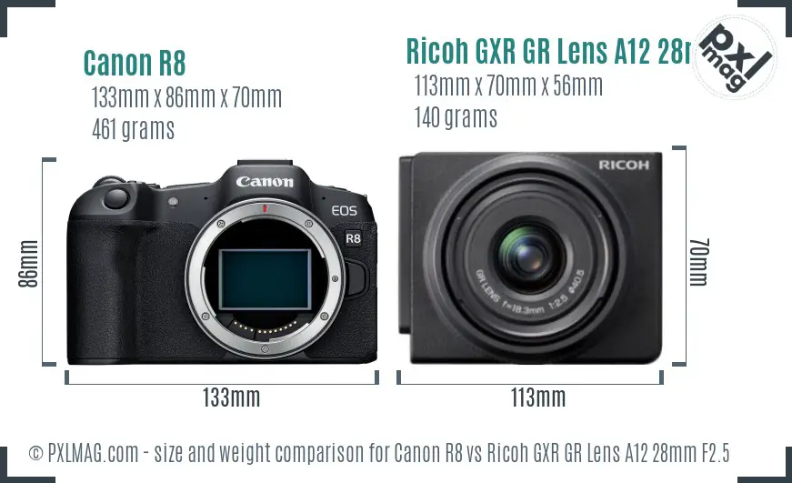 Canon R8 vs Ricoh GXR GR Lens A12 28mm F2.5 size comparison
