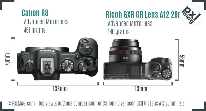 Canon R8 vs Ricoh GXR GR Lens A12 28mm F2.5 top view buttons comparison