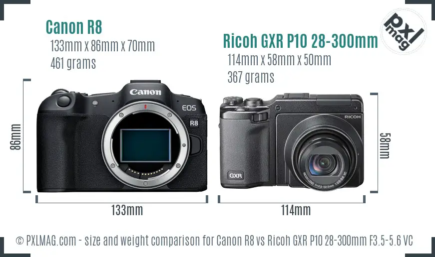 Canon R8 vs Ricoh GXR P10 28-300mm F3.5-5.6 VC size comparison
