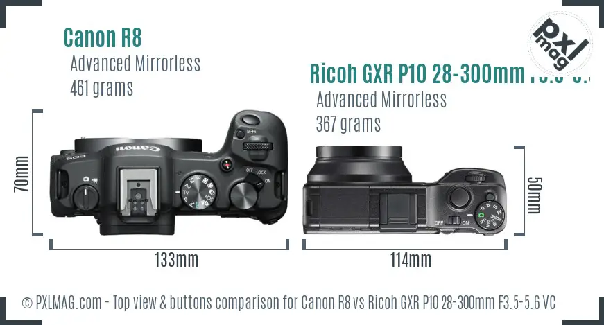 Canon R8 vs Ricoh GXR P10 28-300mm F3.5-5.6 VC top view buttons comparison