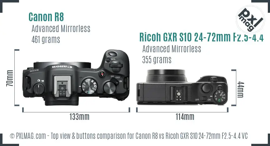 Canon R8 vs Ricoh GXR S10 24-72mm F2.5-4.4 VC top view buttons comparison