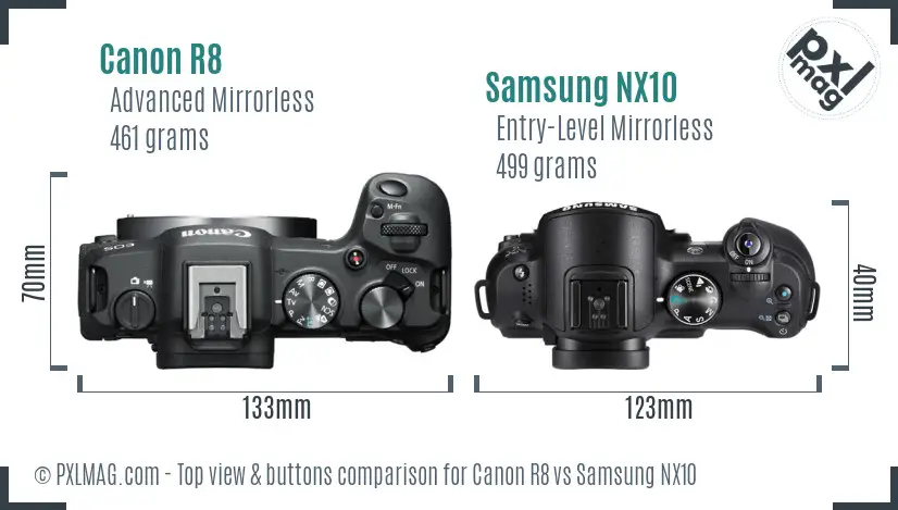 Canon R8 vs Samsung NX10 top view buttons comparison Canon R8 vs Samsung NX10 top view buttons comparison