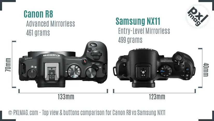 Canon R8 vs Samsung NX11 top view buttons comparison